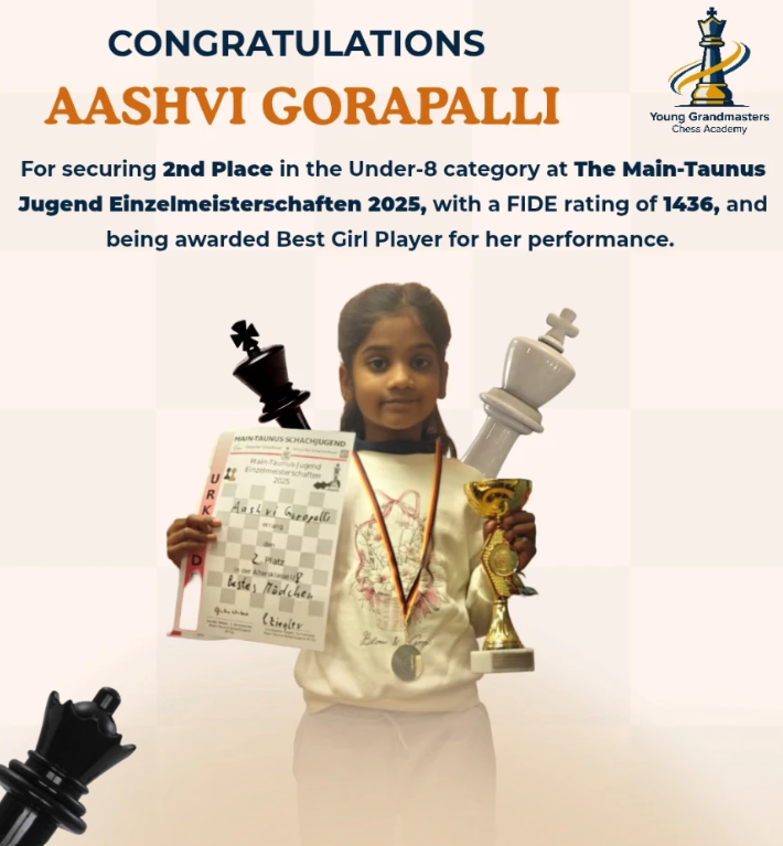 Aashvi Gorapalli with her chess trophy and certificate