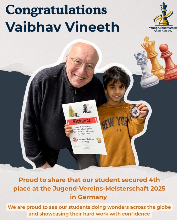 Vaibhav Vineeth holding his chess medal and certificate